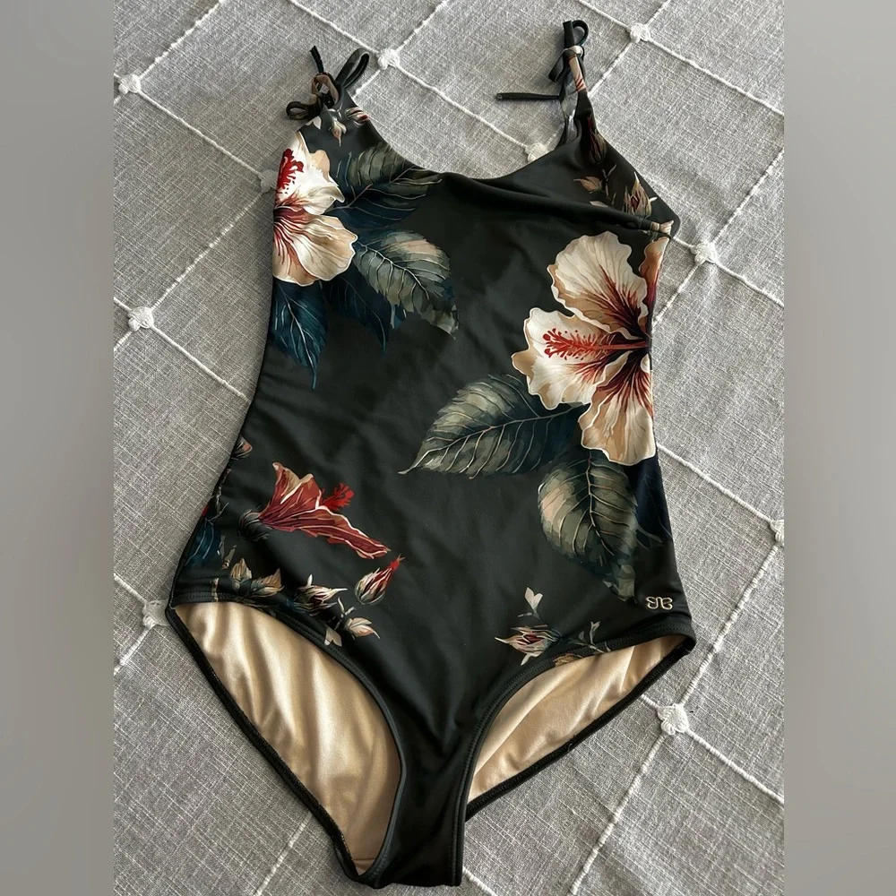 Albion Olive Green One-Piece Swimsuit with Floral Trim - Picture 1 of 4